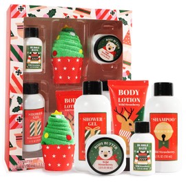 Christmas Bath and Body Gift Set for Women - Holiday Stocking Stuffers With Body Butter, Shower Gel, Lotion, Shampoo, Bubble Bath, Mini Towel - Birthday Gifts