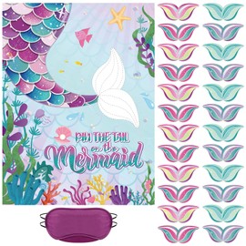 Faccito Pin The Tail on The Mermaid Party Game Mermaid Games Set Include 21 x 28 Inch Mermaid Poster 24 Pcs Reusable Tail Stickers Blindfold Mermaid Theme Party Supplies for Girls Birthday Party Favor