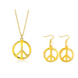 Soyzvteo Peace Sign Pendant Necklace and Earrings Set - Silver Gold Hippie Costume Jewelry for Women Men - Boho 60s 70s Party Accessories - Chain Set/Gold