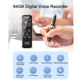 Digital Voice Recorder, 3072kbps Voice Activated Voice Recorder, 64GB Stereo MP3 Recorder with Noise Cancellation,for One Touch Recording/Lectures/Meetings/Interviews/Classes (64GB)