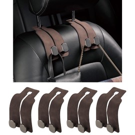 KINIVA Car Seat Headrest Storage Hooks, Set of 4, Suede PU Leather, Double Hooks (Brown-4 Pack)