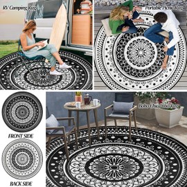 Cekene Round Outdoor Rugs for Patio 8Ft Waterproof Reversible Outdoor Patio Rugs Black Lightweight Plastic Straw Rugs Portable RV Camping Mat Floor Carpet for Deck Porch Picnic BBQ