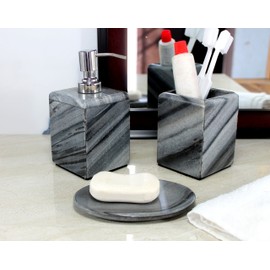 KLEO - Bathroom Accessory Set Made from Natural Stone - Bath Accessories Set Includes Soap Dispenser, Toothbrush Holder, Soap Dish (Grey - Set of 3)