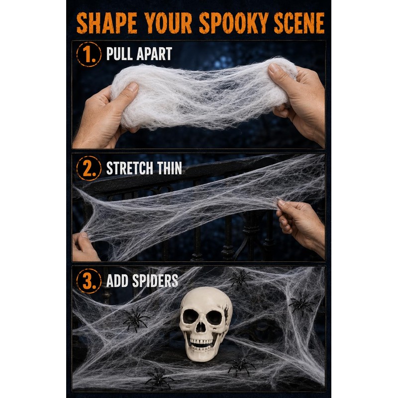 4 Pcs 5in Plastic Skulls Halloween Skeleton Cobweb 20 Spiders