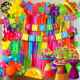 Fiesta Party Decorations, Mexican Birthday Carnival Decor, Picado Banner, Happy Birthday Banner, Taco Llama Cactus Balloons Garland, Paper Streamers