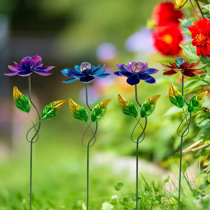 Viveta 4 Pack Flower Decorative Garden Stakes, Metal Flowers Outdoor