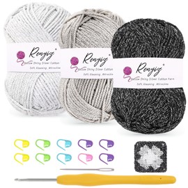 Crochet Yarn for Beginners – 3x50g Hollow Shiny Silver Cotton DK Yarn with 3.5mm Hook and Tools – Soft Sparkling for Knitting, Amigurumi & Granny Squares (White+Grey+Black)