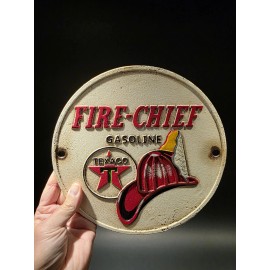 Antique Vintage Style Cast Iron Round Texaco Fire Chief Gas Oil Sign Plaque