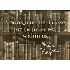 Tushita Literature Inspiration: Vintage Bookcase Postcard with Franz Kafka Quote, Artistic Retro Design in Brown, Decorative Font