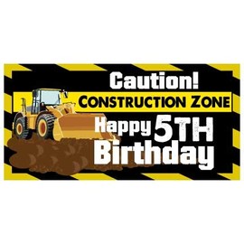 VictoryStore Construction Birthday Party Supplies: Caution Construction Zone Happy Birthday Banner - Custom Age Birthday Vinyl Banner (4 feet x 8 feet)