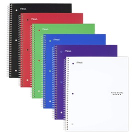 Five Star Spiral Notebook + Study App, 1 Subject, College Ruled Paper, 8.5" x 11", 100 Sheets, Assorted Colors, 6 Pack (38052)