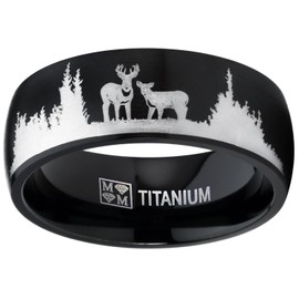 Men's Black Outdoor Hunting Titanium Ring Wedding Band with Laser Etched Deer Stag Scene 10.5