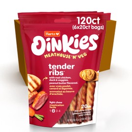 Oinkies Meathouse'n'Veg Tender Ribs Dog Treats with Real Chicken, Duck, Veggies & Peanut Butter Flavor, Highly Digestible and Rawhide-Free, 120 Count