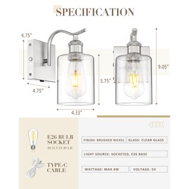 JAZAVA Battery Operated Wall Sconces Set of 2, Brushed Nickel Rechargeable Wall Lights with 5200mAh Battery and Touch Control, Dimmable Wireless Sconce Lamp for Bedroom Hallway Bathroom ZCVL01BN-1A-2P