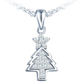 MICMIF Christmas Tree Necklace 925 Sterling Silver Women Necklace - Cubic Zirconia Christmas Tree Pendant Necklace Jewellery