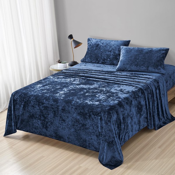Fredsure Distressed Velvet Sheet Set, 4 Pieces Navy Queen, Ultra