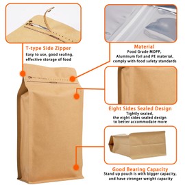 Coffee Bags without Valve (50 PCS,8oz/0.5lb) Kraft Paper High Barrier Aluminum Foil Flat Bottom Standing Coffee Beans Storage Packaging Bags, Reusable Heat Seal Side Zipper Pouches for Small Business