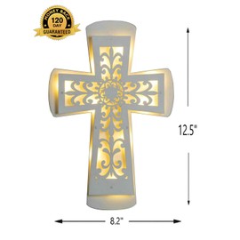 ADAVAS.Y&G Lighted Wall Cross with Fleur-de-lis cutout Design, White Wooden Cross for Wall Battery Operated 12" H