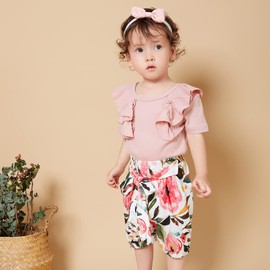 Baby Girls Summer Clothes Set Newborn Ruffle Romper + Floral Shorts + Headband Outfits Infant Short Sleeve Shirts Pants (Pink, 18-24M)