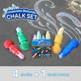 BAZIC Jumbo Sidewalk Chalks & Chalk Holders, 4 Colors Chalks with 1 Plastic Holder, Outdoor Fun Activity Art Coloring, Gift for Kids Children, 4-Packs