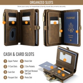 Passport Holder Wallet, RFID Blocking Travel Organizer with 12 Card Slots, Zippered Coin Pocket & Detachable Wrist Strap Secure Magnetic Closure Passport Case for Men & Women (Brown)