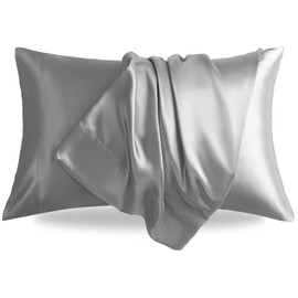 LIFCOM Satin Pillowcase for Hair and Skin,Standard Silver Grey 20x26 Inches Set of 2，Similar to Silk,Silky Feel Satin Pillow Covers 2 Pack with Envelope Closure(20"×26", Silver Grey)