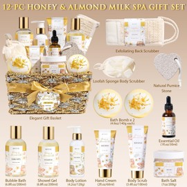 Mothers Day Birthday Gifts for Women, Honey & Almond Milk Relaxing Spa Gift Baskets for Women Self Care Package Bath Gift Set, Home Bath and Body Kit Pamper Gifts for Womens Her Mom Friends Sister