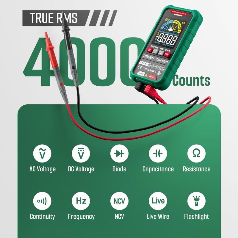 TESMEN TSM-522S Smart Digital Multimeter, 4000 Counts, Auto-Ranging Voltmeter, Non-Contact