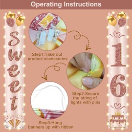 Eiurteao Eiurteao 16th Birthday Party Banner Lighted Decorations for Girls Women-Pink Rose Gold Vintage Sweet 16 Birthday Door Banners with LED Light, Cheers to 16 Years Old Birthday Party Supplies Decor