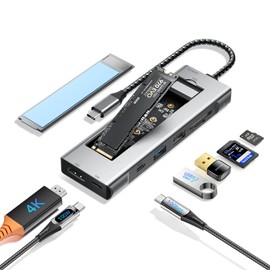 ESSAGER Concentrador USB C 8 en 1 con Carcasa SSD M.2 NVMe/SATA de 10 Gbps, 4K HDMI 1.4, USB 3.2 Gen2, PD100W, aleación de Aluminio USB C SSD para M.2 NVMe y SATA SSD
