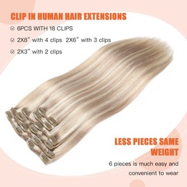 Blonde Clip in Hair Extensions Real Human Hair Dirty Blonde Highlighted Bleach Blonde Clip in Extensions Remy Human Hair Silky Straight 6pcs 120g 18 Inch #18p613