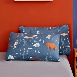 KAREVER Blue Bear Pillowcases Kids Cotton Cartoon Pillow Shams Navy Animal Forest Woodland Printed Envelope Pillow Cover Pack of 2 for Boys Girls, Standard Twin/Queen 20''X26''