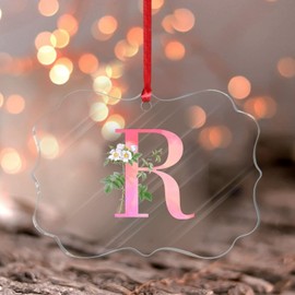 2022 Pink Monogram Initial Letter R Acrylic Hanging Ornaments Greenery Shrubs Plants Christmas Bauble Flowers Pattern White Green Keepsake Collectible Gift Tree Decoration Stocking Name Tag