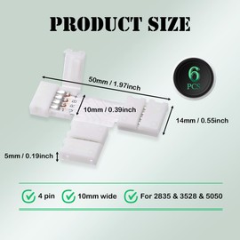 UBRAVE LED Strip Connector, 6 Pieces 10 mm 4-Pin LED Strip Corner Connector T-Shaped, LED Quick Connector for 10 mm Wide SMD 5050 RGB LED Strips, LED Strip Flexible Connection Cable