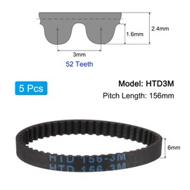 QUARKZMAN 5 x Htd-3 m Rubber Timing Belts 52 Teeth 156 mm Pitch Length x 6 mm Width x 2.4 mm Height Rubber Timing Belt Closed Loop Pulley Timing Belt
