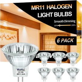 Vannise GU4 Bulb 5W 12V, 6 Pack GU4 Base MR11 Halogen Bulb, GU4 Bulb Dimmable with Glass Cover, Fiber Optic Light Bulb 2800K Warm White, MR11 12V 5W for Landscape， Accent， Track Lighting