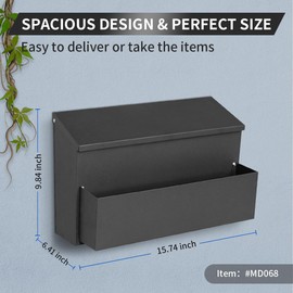 Ydocabinit Wall Mount Mailbox, Large Capacity for House, Outside, with 3 Sets of 0-9 Number Stickers & Flower Planter, Galvanized Steel Rust-Proof Metal Post Drop Box, 15.74"×9.84"×6.41" Black