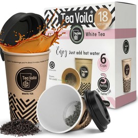 TeaVoila Instant Brew Tea in A Cup - Organic Loose Leaf White Tea – Tea Infuser Built In Biocompostable 6 Cups, Each Refillable 3x, 18 Servings in Total – No Tea Bags Needed, For Office & Travel