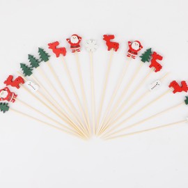 100pcs Christmas Cocktail Picks, Wooden Xmas Tree Santa Snowman Snowflake Elk Cocktail Sticks Decorative Fancy Cocktail Toothpicks for Fruit Dessert Appetizers Party Supplies