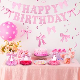 Hanaive Pink Bow Coquette Birthday Decorations Including Pink Bow Happy Birthday Banner Hanging Swirls and Honeycomb Table Decor for Bachelorette Party Decor