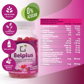 Belplus Colágeno+Coenzima Q10+Biotina 60 gomitas sin azúcar, pack 2x1