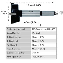 Forstner Drill Bits 48mm (1-7/8 inch) Tungsten Carbide Upgraded Version Higher Hardness Wood Hole Saw Auger Opener Woodworking Drilling Tool Wood Cutter