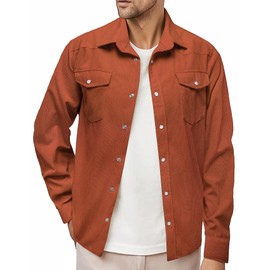 Barry.Wang Mens Corduroy Jacket Shirts Orange Cowboy Lightweight Wrangler Western Casual Long Sleeve 2 Flap Pockets