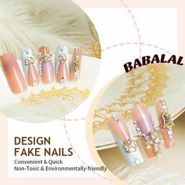 BABALAL Long Square Press on Nails White Fake Nails French Tip Glue ons Nails Luxury Gold Clover and Cross Charm Design Acrylic Nails 24Pcs Squoval
