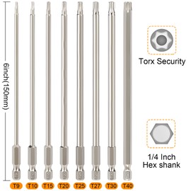 Torx Bit Set Hakkin 8Pcs 150mm Long Star Screwdriver Bit Sets S2 Steel Magnetic Tamper Proof Security Torx Bits 1/4” Hex Shank for Impact Driver Power Hand Tools T9 T10 T15 T20 T25 T27 T30 T40