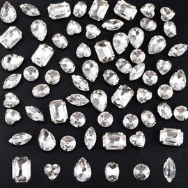 URROMA 60 Pieces 6 Styles Rhinestone Sew On with Claw Acrylic Glass Flat White Silver Bottom with 4 Holes for Crafts Clothes Wedding Decorations