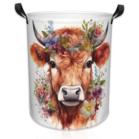 Naqiuli Laundry Basket Watercolor Cow with Flower Laundry Basket Oxford Cloth Laundry Hamper Large Storage Baskets Toy Organizer Tote Bag For Bedroom Clothes Bathroom 17.3(H) x16.5(D) Inch