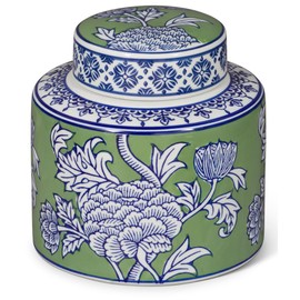 ChinaFurnitureOnline Green and White Peony Flower Motif Oriental Porcelain Tea Jar with lid