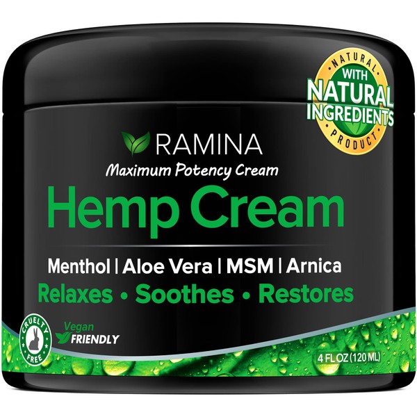 Ramina Natural Hеmp Extract Cream - Made in USA - Infused with Turmeric, MSM & Arnica - Soothes Discomfort in Muscles, Joints, Back, Knee, Nerves - Non-GMO - 4 fl oz