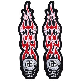 Long Flame Skull Embroidered Patch | 2PC IRON ON OR SEW  5"x1.25"